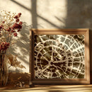 A framed abstract art print with a circular radial pattern, styled on a wooden surface next to a glass vase with dried flowers under warm, sun-dappled shadows.