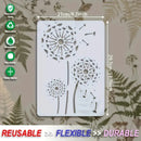 Metal stencil with dandelion design and dimensions on a floral background