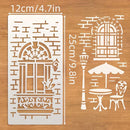 A white laser-cut metal stencil sheet featuring an arched window design, shown on a light brown wood background with dimension markings of 12cm by 25cm.