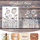 A floral stencil shown on a rustic wood background with text reading 'Product Size' and dimensions marked as 11 inch by 17 inch. The stencil features white sunflower and leafy botanical cutout designs.