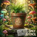A decorative terracotta-style pot filled with green succulents and ferns, set in a whimsical forest scene with glowing mushrooms and foliage. A small trowel rests beside the pot, and a card reading “ONLY STENCIL” appears in the lower right corner.