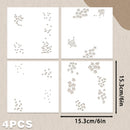 Four white square craft sheets with small metallic silver floral and leaf cutout designs, shown on a beige background with dimension labels of 15.3cm/6in and a '4PCS' text overlay.