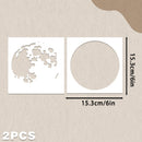 Two white stencil/cutout pieces shown on a beige textured background, with dimension arrows indicating 15.3 cm / 6 in for the round and irregular cutout shapes.