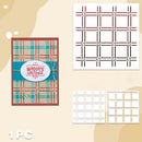 A holiday greeting card template set featuring a finished sample card with a plaid pattern and a white sheet showing the corresponding plaid stencil design, on a beige background with abstract shapes.