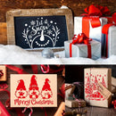 A collage of Christmas-themed gift-wrapping and decor scenes: a framed chalkboard sign reading “Let it Snow,” wrapped presents with red ribbons, a beige card with red gnomes and “Merry Christmas,” and gift boxes tied with string on a rustic wooden surface with snow and ornaments.
