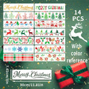 A set of 14 Christmas-themed decorative strips or decals shown on a green festive background, with text indicating 14 pieces, color reference, dimensions 30cm by 7.62cm, and a white reindeer graphic.