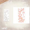 A single sheet of temporary tattoo stickers featuring a dragonfly and leafy vine design, shown both as a gray outline of the stencil/template and as a coral-orange printed sample on a textured beige background.