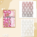 A party-themed stencil set featuring a decorative donut pattern card and two stencil sheets with floral cutout designs in red, black, and gold, displayed on a beige background.