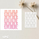Two rectangular white sheets with repeating floral cutout or printed patterns, displayed on a light textured wall with dried flowers above. One sheet shows a red-to-pink gradient pattern, and the other shows a darker gray floral pattern.