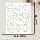 A white rectangular sheet featuring multiple cutout or printed designs of vintage pocket watch faces with Roman numerals, shown on a light textured background with dimension arrows indicating 20.4 cm by 25.