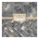 A square sample card showing a distressed gray and beige textured pattern labeled 'Grunge Distressed Gray' with 'Double sided printing' on a small central label.