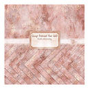 A square sample card showing a distressed rose gold and pink patterned surface with chevron and mottled textures, plus a central label reading 'Grunge Distressed Rose Gold' and 'Double sided printing.'.