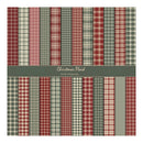 A square paper or fabric sample sheet showing multiple vertical Christmas plaid patterns in red, green, beige, and gray tones, with a dark gray band across the middle reading 'Christmas Plaid' and 'Double sided printing'.
