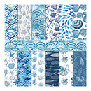 A 3x4 grid of twelve blue and white nautical-themed pattern swatches, featuring scallop waves, seashells, starfish, fish, and coral designs.