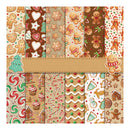 A 12-panel collection of Christmas gingerbread-themed patterned papers, featuring various designs like gingerbread men, cookies, cupcakes, candy canes, snowman, and holiday decorations in warm beige, brown, red, green, and white tones.