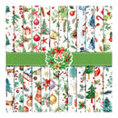 A set of 12 Christmas-themed patterned paper sheets arranged in a grid, featuring watercolor illustrations of festive motifs such as Christmas trees, ornaments, candy canes, snowmen, wreaths, and reindeer on a white background, with a green ribbon graphic across the center.