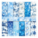 A 3x6 grid of twelve winter-themed pattern swatches in shades of blue and white, featuring snowflakes, snowy trees, penguins, snowman, cabins, and Christmas village scenes.