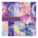 Collection of colorful galaxy-themed paper sheets with a decorative purple label.