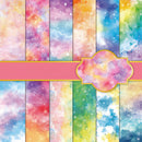 Colorful watercolor pattern with a pink ribbon and decorative element.