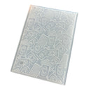 A clear plastic stamping or embossing plate featuring a repeating pattern of hearts and geometric shapes, shown on a plain white background.