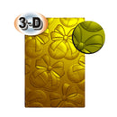 A rectangular gold-colored textured surface with a raised floral or bow-like embossed pattern, shown on a white background with a circular inset highlighting the material texture and a '3-D' badge.