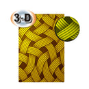 A rectangular product sample showing a woven 3D pattern in yellow and olive green, with a circular inset zoom and a '3-D' badge on a white background.