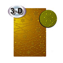 A rectangular gold decorative sheet with embossed snowflakes and wavy dotted garland patterns, shown on a white background with a silver '3-D' badge and a circular close-up inset of the textured surface.