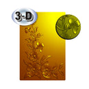 A rectangular sample card with a yellow-to-brown gradient and embossed floral pattern, shown on a white background with a silver '3-D' badge and a circular inset showing the raised flower texture.