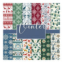 A collage of nine winter-themed seamless pattern swatches with a central blue label reading 'Winter' in white script. The patterns feature snowflakes, trees, deer, houses, and festive holiday motifs in red, green, blue, cream, and white.