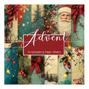 A sheet of Christmas-themed scrapbooking paper sheets featuring a collage of festive designs including Santa Claus, red bows, evergreen branches, red berries, snowflakes, pinecones, and glowing holiday lights on a teal and beige background. A large central label reads 'Advent Scrapbooking Paper Sheets' and a small code '210644A' appears in the bottom right corner.