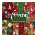 A square product cover for Verid Scrapbooking Paper Sheets, featuring a collage of festive Christmas patterns including pine trees, snowflakes, stars, and plaid in red, green, gold, and white. The brand name 'Verid' is displayed in white script over a dark green central label.