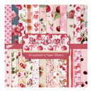 A pack of scrapbooking paper sheets featuring a cherry and pink floral theme, with various patterns including polka dots, stripes, hearts, and floral prints. A central label reads 'Raspberry Scrapbooking Paper Sheets'.