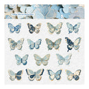 A sheet of decorative paper or scrapbook embellishments featuring multiple blue and navy butterflies with lace-like and gingham details, plus a header strip reading 'Indigo Woven Butterflies' at the top.