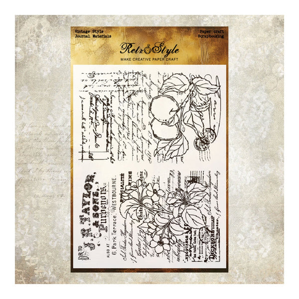Vintage-style stamp set with botanical designs and text on a textured background