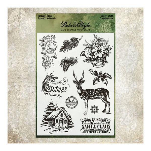 Set of Christmas-themed stamps on a textured paper background