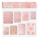 A sheet of decorative paper or sticker designs in soft pink tones, featuring floral, bow, raindrop, and textured patterns. The top banner reads 'Blossom Dew Pink' and shows a translucent pink flower design.