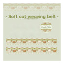A square product display card for a crochet weaving belt featuring a cute cat pattern. The card has a light sage green background with text reading 'Soft cat weaving belt' and 'crochet belts', showing three horizontal strips of the woven belt with a pattern of small white cats with brown ears and faces on a cream plaid background with green tops.