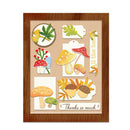 Set of colorful forest-themed stamps on a wooden frame
