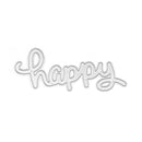 Metallic 'happy' word cutout on a white background