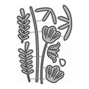A set of gray metal or plastic craft die-cut shapes featuring botanical leaf and stem designs, arranged on a plain white background.