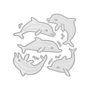 A set of five gray plastic or metal dolphin-shaped craft cutouts arranged in a circle on a plain white background.