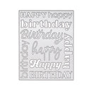 A rectangular silver metal cutting die or stencil featuring various 'Happy Birthday' and 'Birthday' script and block letter designs, shown on a plain white background.