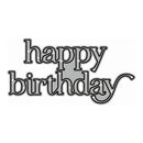 A die-cut sticker or decal with the words 'happy birthday' in stylized black outlined lettering with a light gray fill, shown on a plain white background.