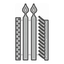 A gray metal candle holder with three candle slots, featuring decorative cutout patterns on the side panels, shown on a plain white background.