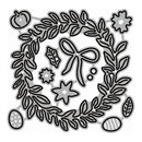 A square black and white line art design featuring a decorative wreath with leaves, flowers, stars, and eggs, presented on a plain white background.