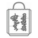 A black and white line art graphic of a paper shopping bag with two cursive script cutouts inside, likely representing a die-cutting or stamping template.