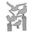 A set of gray seagull cutouts with black outlines, including flying and standing birds on wooden posts, shown on a plain white background.