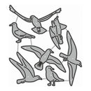 A sheet of metal craft dies or stamps featuring multiple stylized gray birds with black outlines and small white speckles, arranged on a white background.