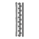 Three vertical strips of metal embossed floral and geometric border designs on a plain white background.
