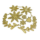 A gold-colored metal die-cut craft embellishment featuring a floral and botanical design with daisy-like flowers, leaves, and a small ladybug motif, shown on a solid white background.